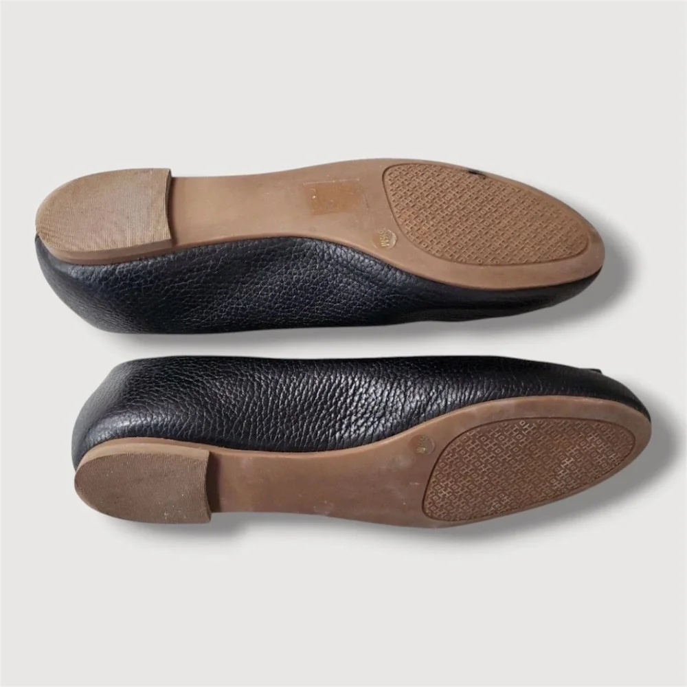 Tory Burch Minnie Ballet Flats Women 6.5 Black Excellent Pebbled Leather‎ Logo